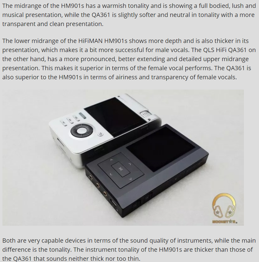 一個土耳其客戶對QA361的評論，里面有與SONY WM1A 及HM901的對比評論。 